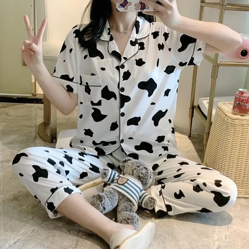 

Cow Pattern High Quality Girl Summer Spring Loose Suit Milk Silk Confinement Nursing Clothing Short Sleeve Homewear Pajamas