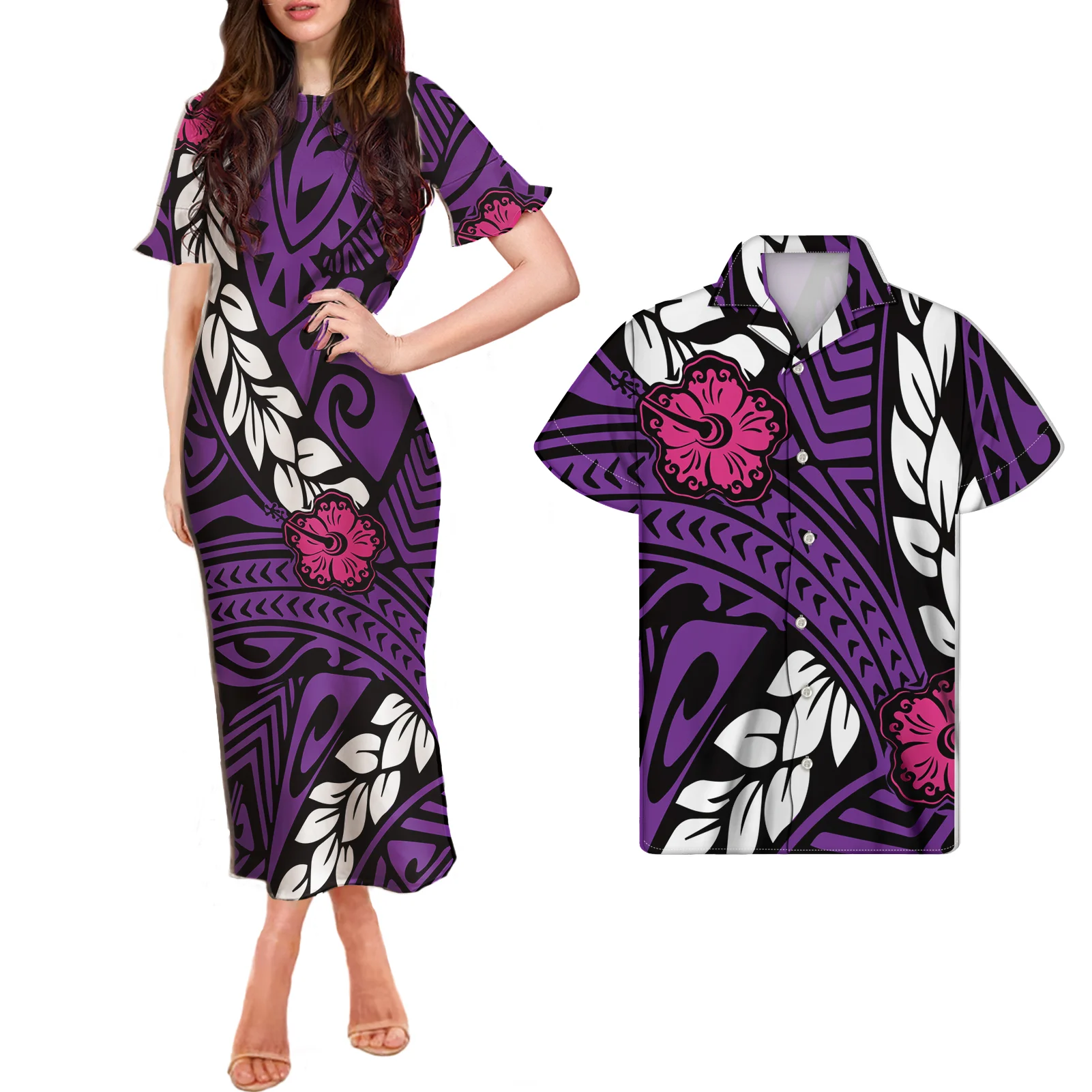 

Custom Women Dress Match Men Shirts Valentine's Day 2 pieces sets Polynesian Samoan Tribal Print Purple Sets of Couples Clothing