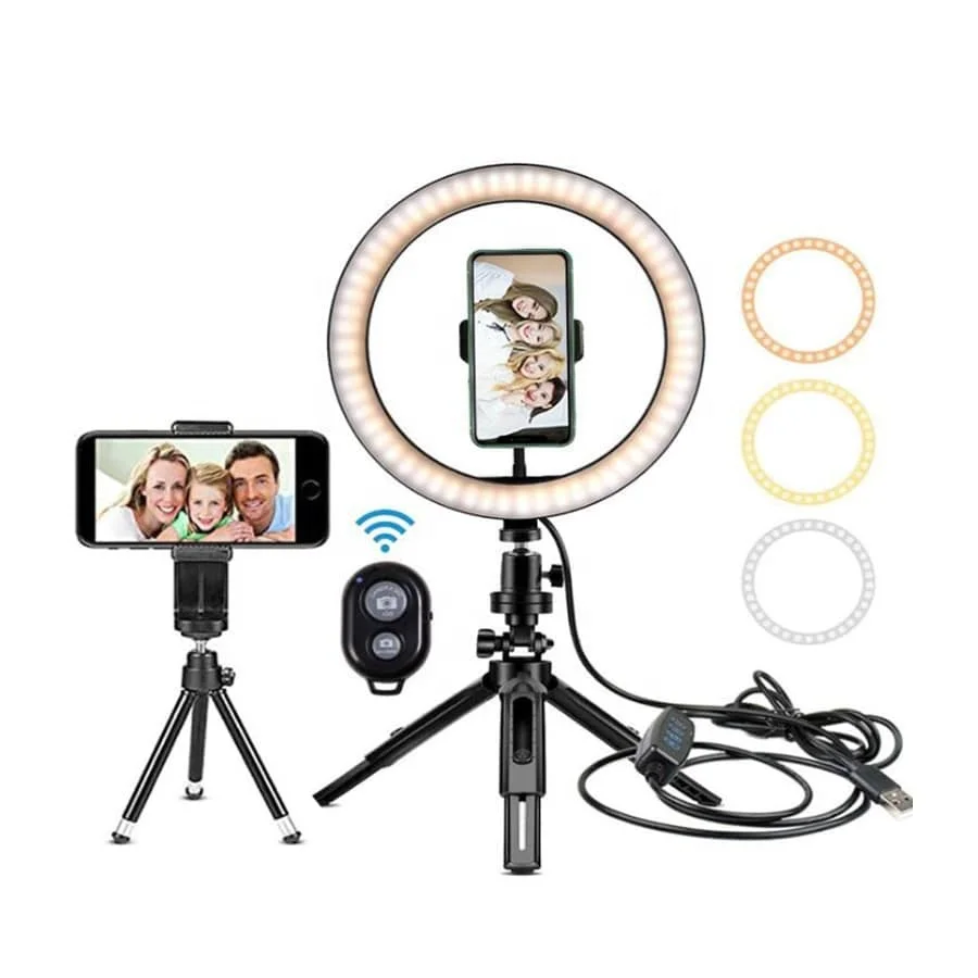 

10inch LED Ring Light with Tripod Stand & Phone Holder Dimmable Desk Makeup Ring Light 3 Light Modes Remote Control