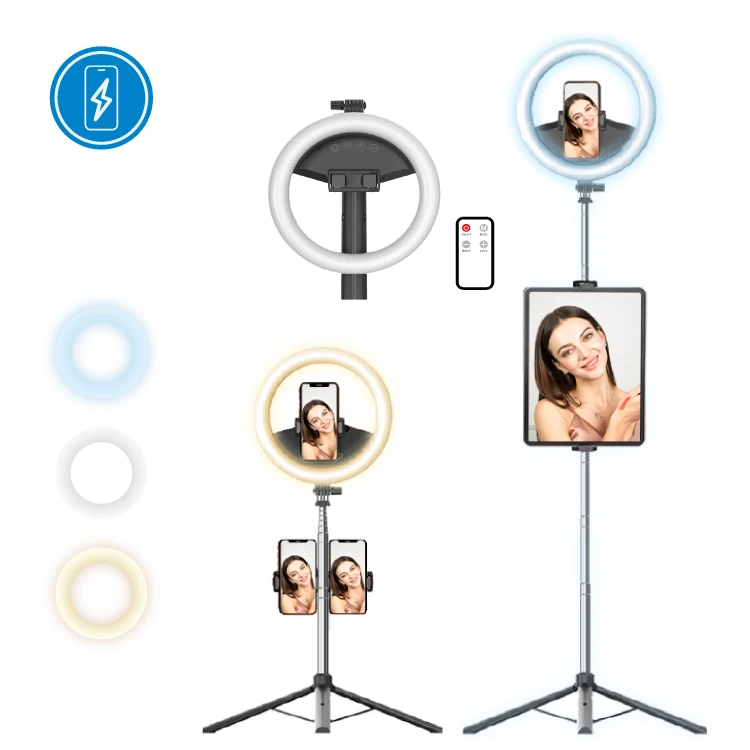 

Professional 10 Inch Dimmeable led circle ring light 1710mm Extendable Phone USB Charging Selfie Ring Light with Tripod Stand, Black