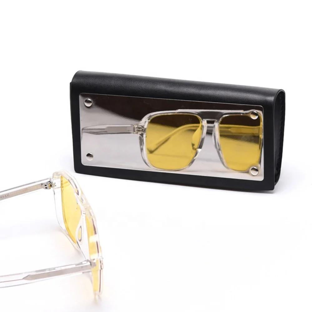 

Convenient mirror leather glasses case black sunglass packaging stainless steel makeup mirror myopia glasses frame storage box