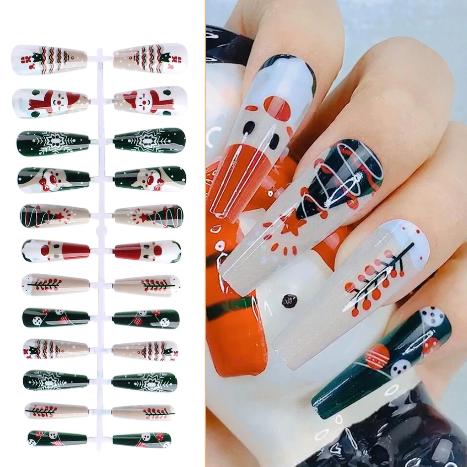 

Winter 24pcs False Nail With Design Christmas Halloween Snowflake Long Ballerina Coffin Fake Nails Full Cover Tips Set with Glue