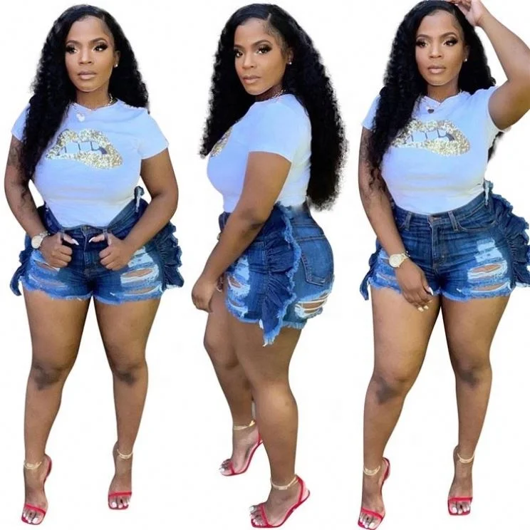 

New Style Street Wear Summer Short Jeans Women Frayed Ripped Ruffles Trendy Denim Blue Jean Pants
