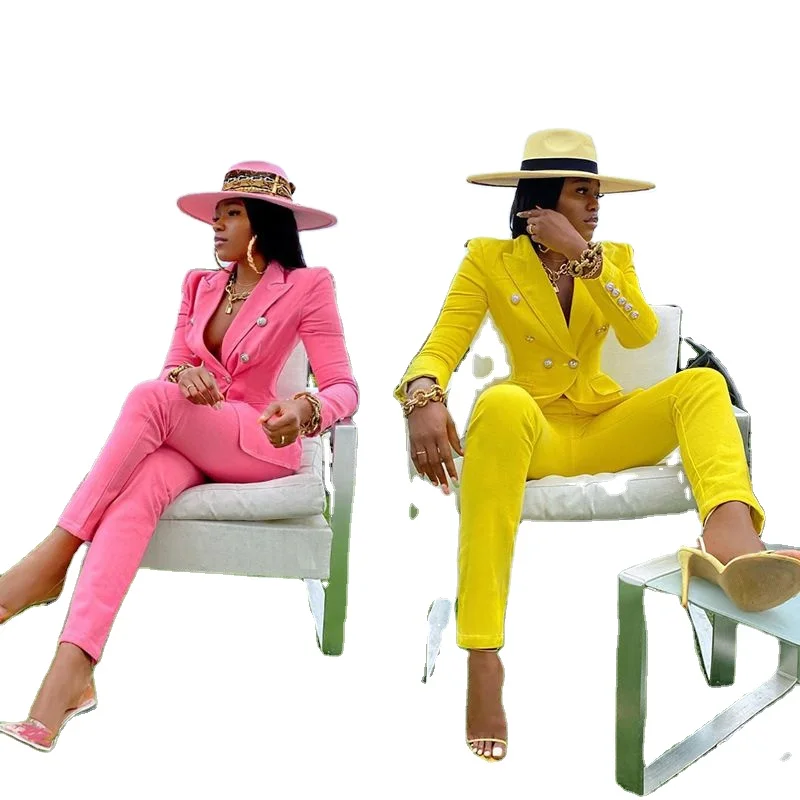 

Autumn 2021 New Fashion Women's Temperament Blazer Straight Pants suits set for women, Yellow pink