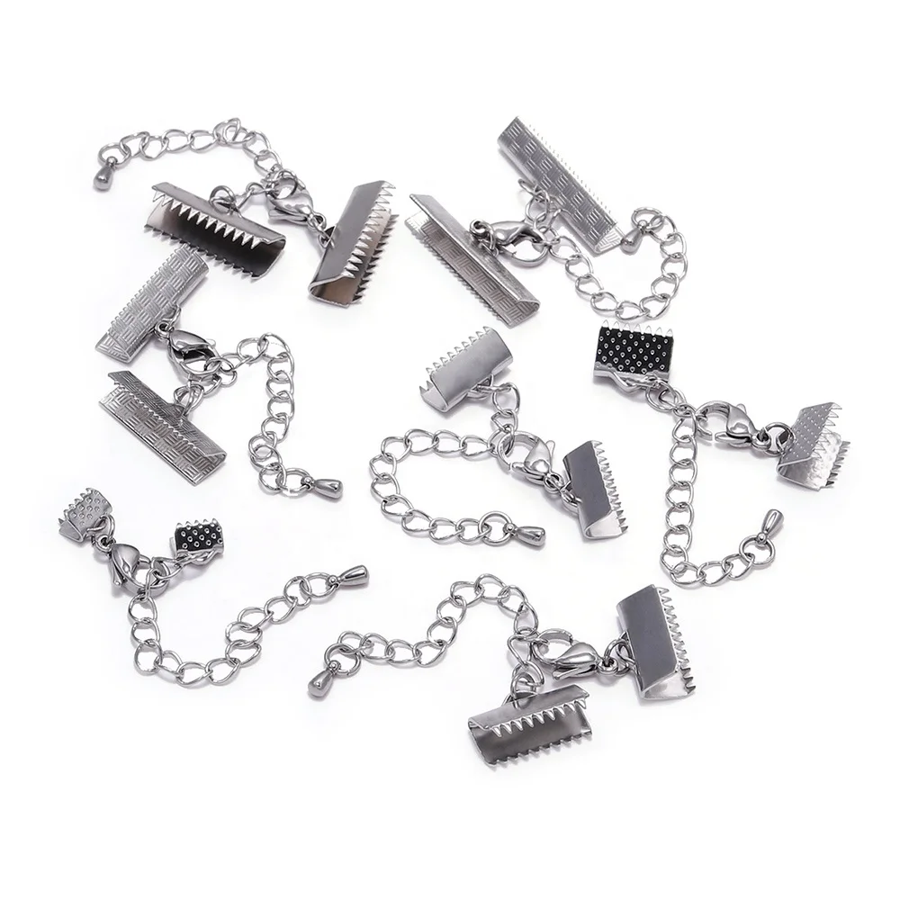 

5pcs/lot Stainless Steel Textured End Caps Crimp Clasps Lobster Clasps Extension Chain Leather Cord Connector For Jewelry Making, As picture