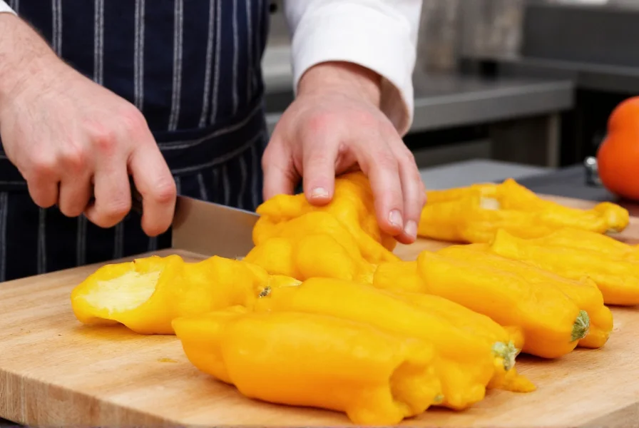 Chef preparing fresh pepper squash on cutting board with knife, showing proper technique for slicing