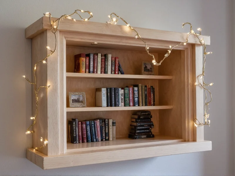 Completed DIY book nook with miniature books and fairy lights