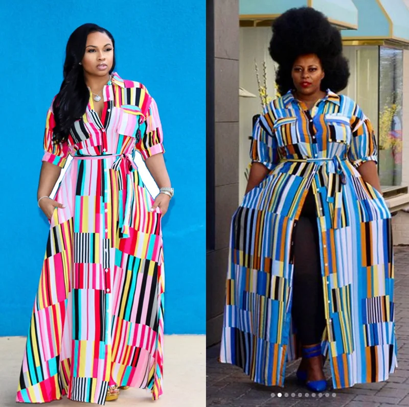 

Plus Size Women Clothing Multi Color Stripe Dress Bohemian Dress for Fat Ladies