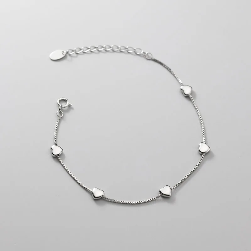 Genuine 925 Sterling Silver Korean Style Box Chain Love Heart Charm Bracelet for Women Fine Jewelry