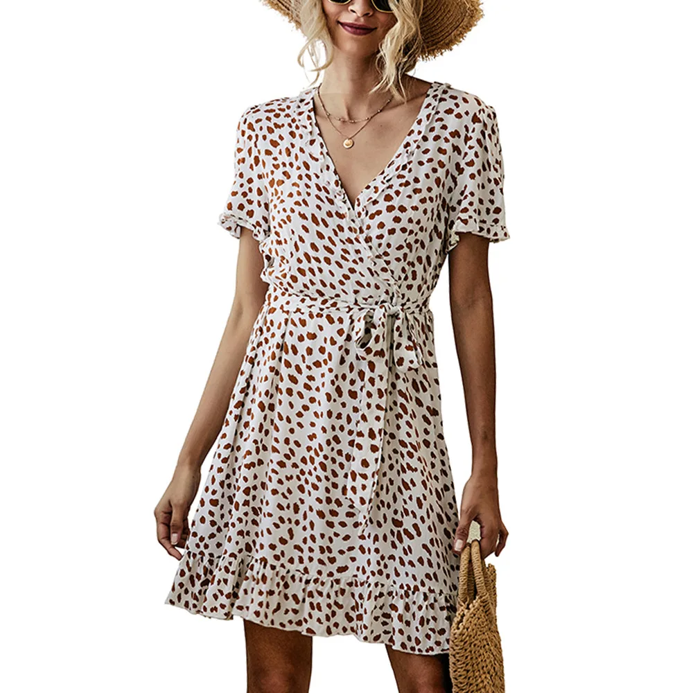 

shein European and American women's mid-length v-neck ruffle print dress summer women
