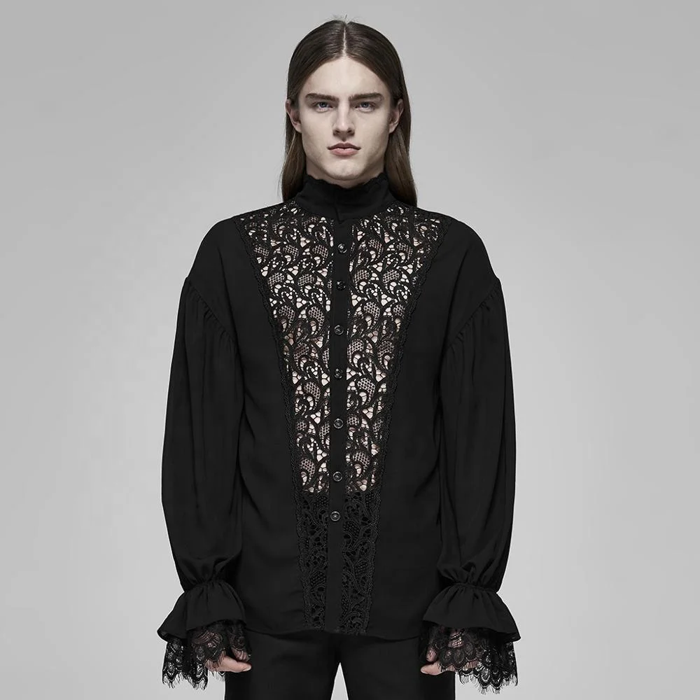 

Punk Rave Dropshipping Rococo See-through Long Sleeve Shirt WY-1162 % Polyester Men Goth Shirts Casual Shirt, Black