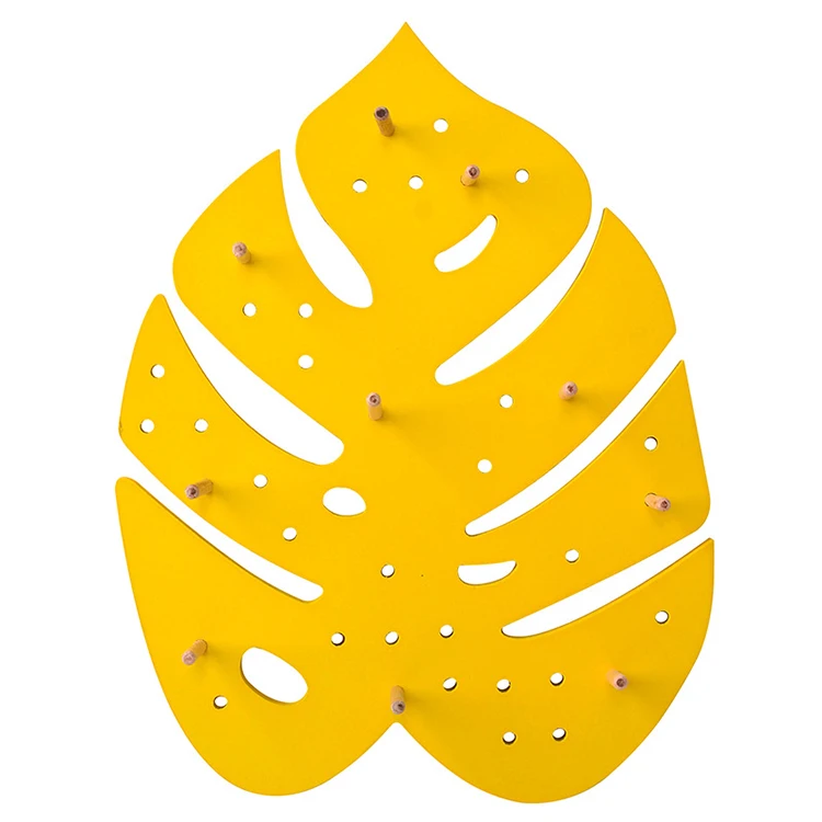 

Nordic ins leaf shape display hook key holder wall mounted organizer hole pegboard wood hanging shelf, Yellow,pink,blue