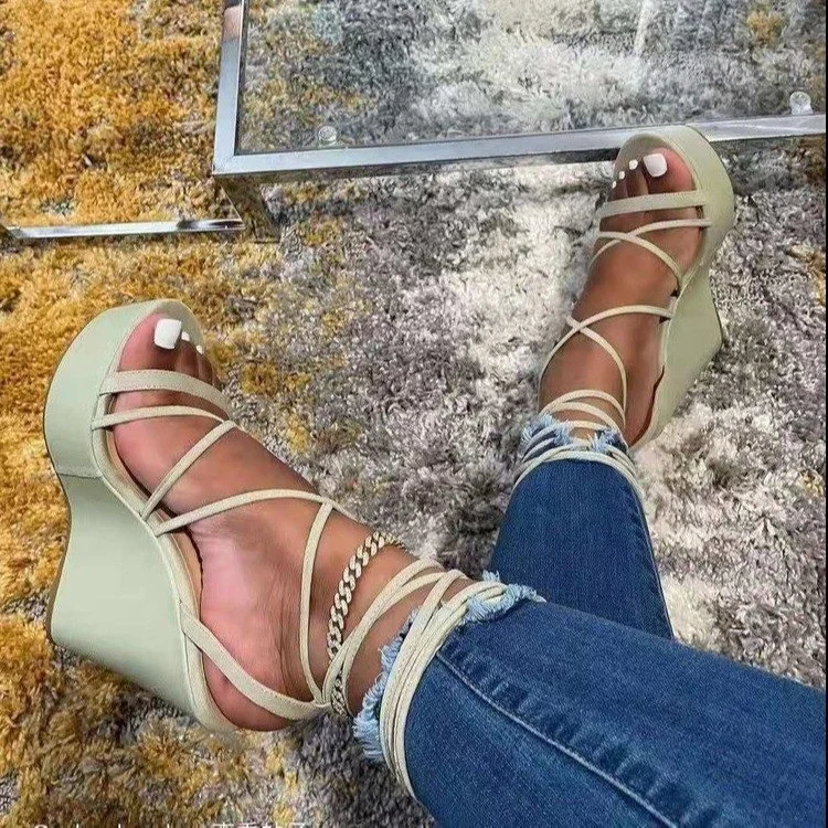 

Trendy latest high quality designer sandals ankle strap cross strap lace-up wedge ladies sandals chunky sole women daily shoes, Green/pink