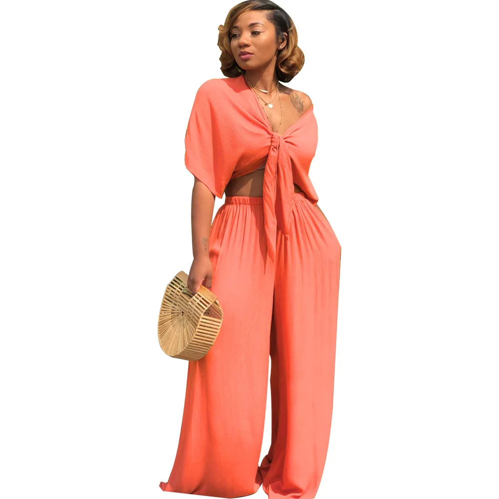 

2022 Sexy Styles Bandage Deep V Wide Leg Pants Two Piece Nightclub Suit Women Fashion Set