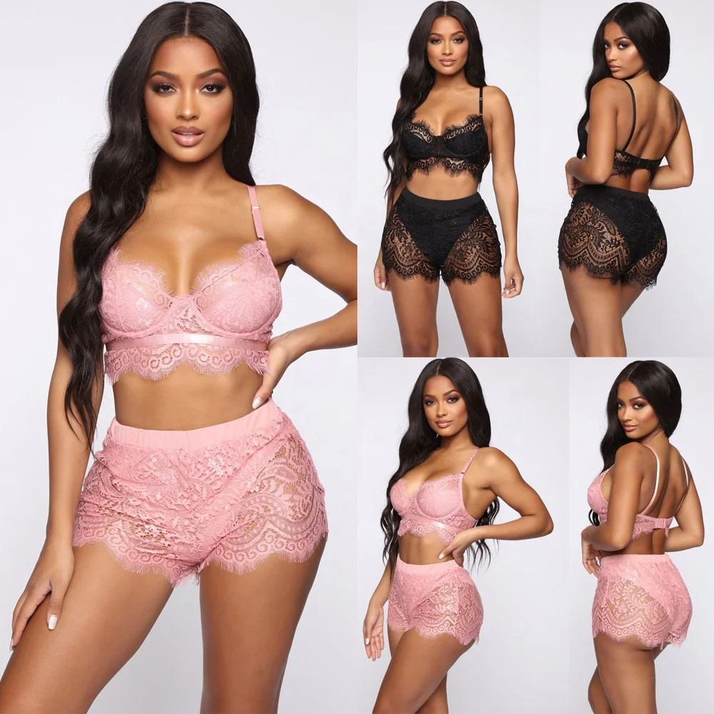 

2020 Lace Transparent Women Sexy Lingerie underwear Set Sexy Two Piece Pajama Sets, Black/pink