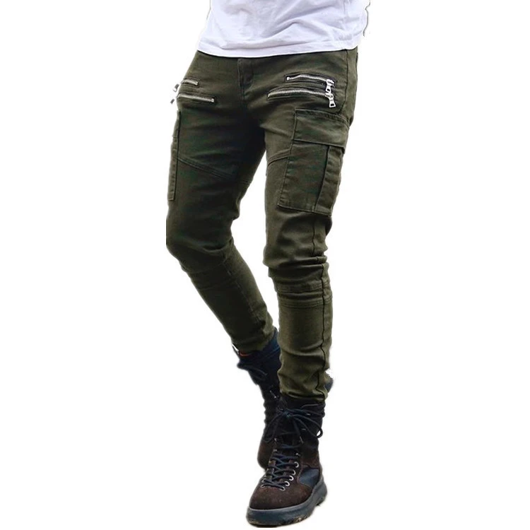 

Hot Sale Mens Army Green Skinny Slim Multi Pockets Pants Men's Trousers