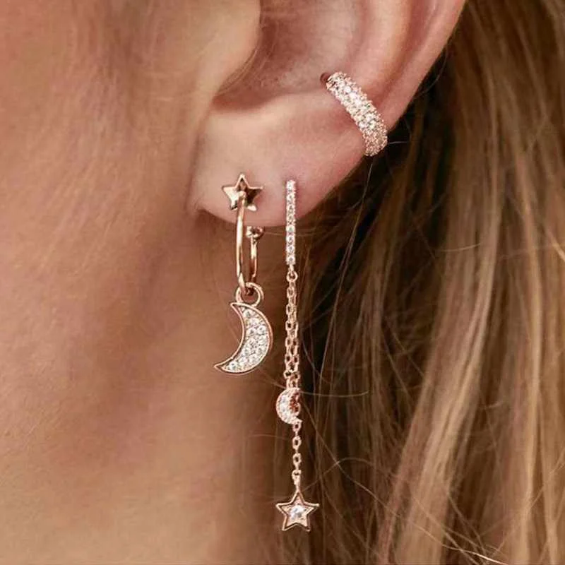 

3pcs alloy star chain rhinestone tassel earrings for women