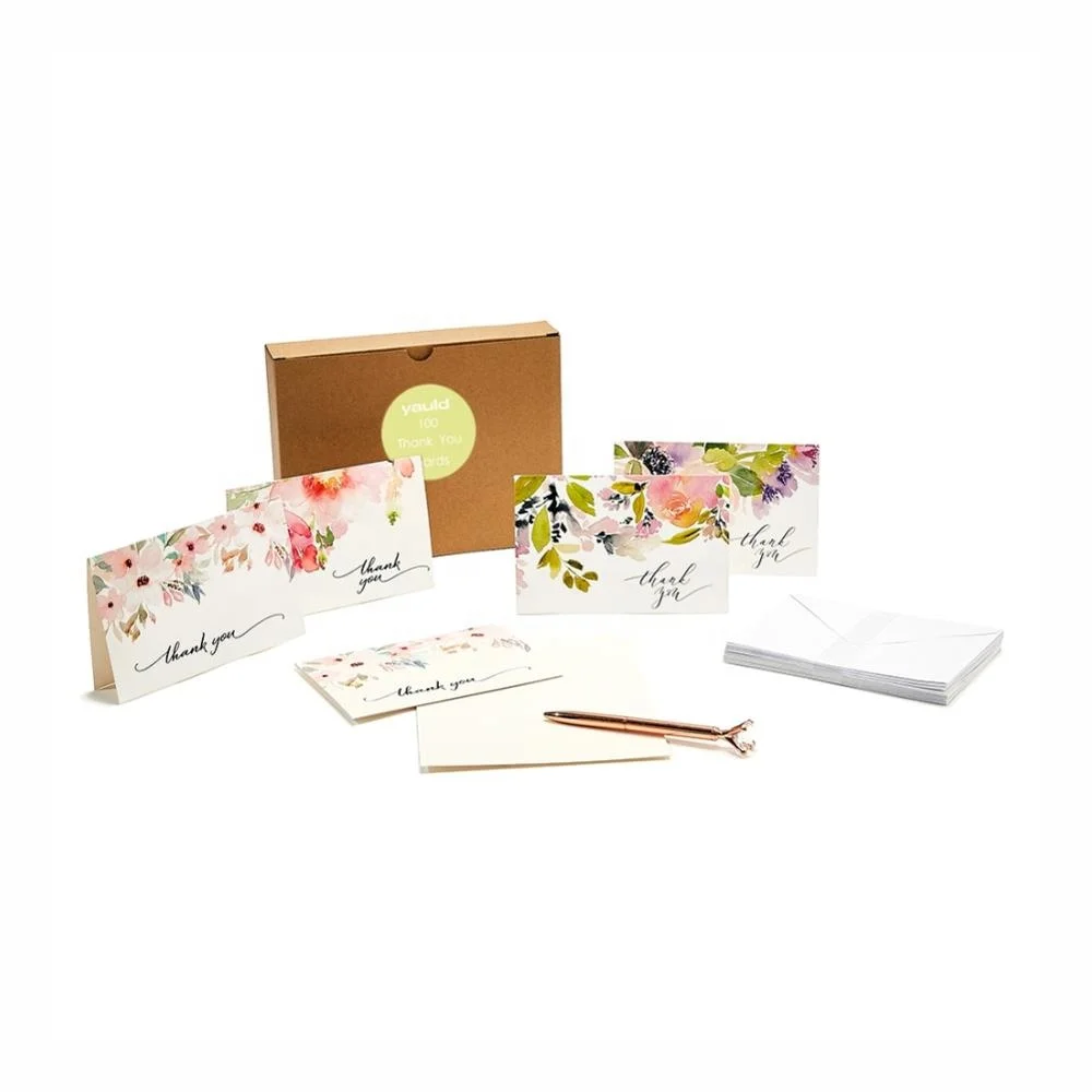 
100 Wholesale Flower Blank Thank You Cards Packs, Bulk Custom Logo Thank You Notes with Envelopes 