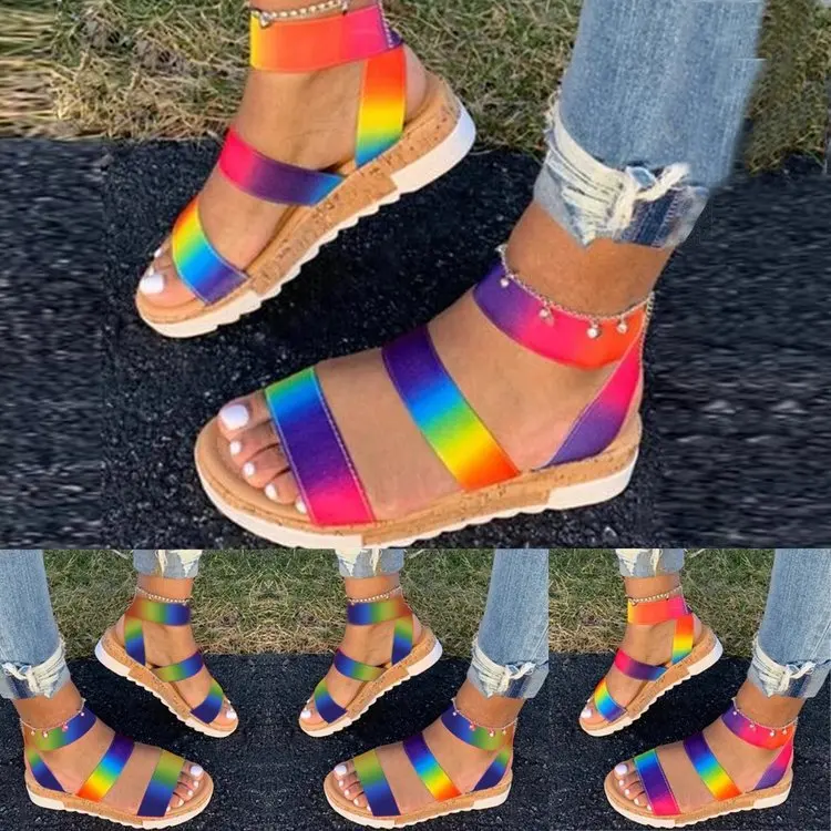 

Rainbow Sandals Colorblock T-Strap Wedge Heel Rubber Slip-On Open Toe Thread Casual cork women 2020 platform summer sandals