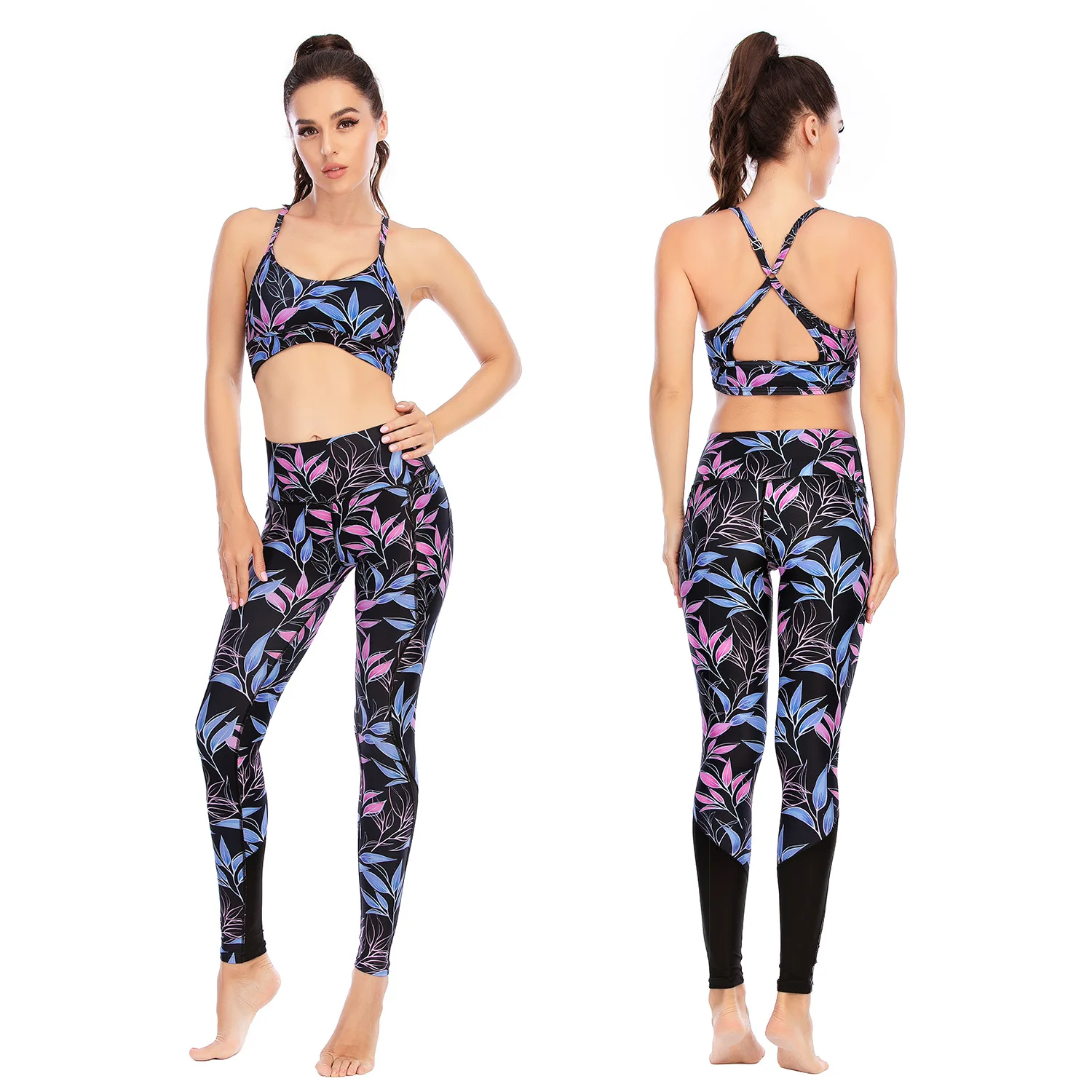

Women New Leaf Print Cross back Fashion Tank Top Bra Yoga Leggings Pants Fitness Suit