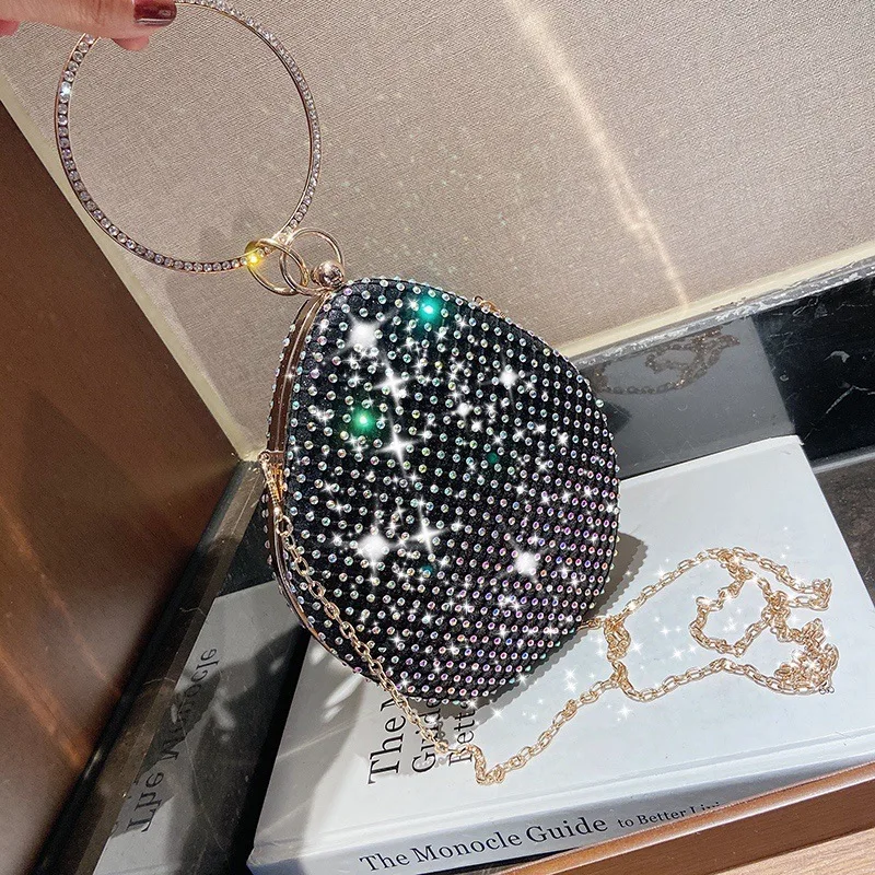 

Luxury glitter round handle crystal clutch women evening chain bags ladies crossbody hand bag rhinestone purses, 3colors