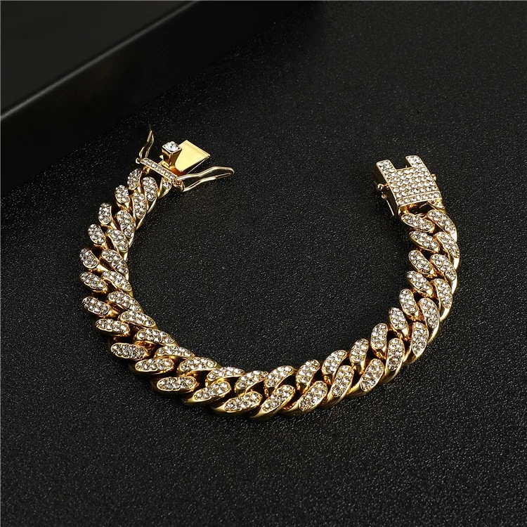 

Hot Selling High Quality Hips Hops Gold Filled Chunky Cuban Bracelet 12mm Bling Iced Out Crystal Cuban Link Bracelet