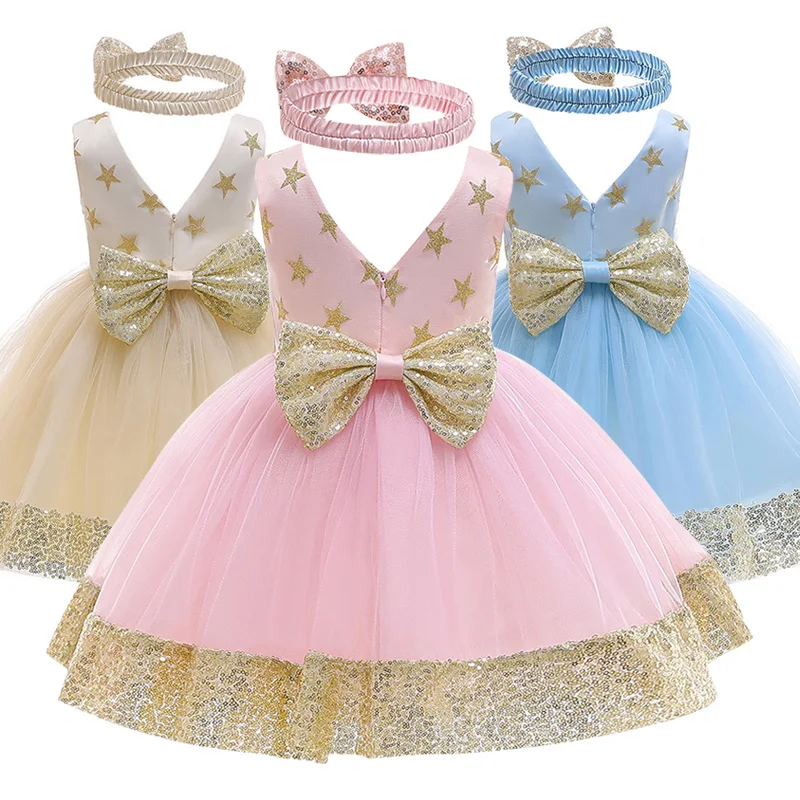 

Lace Sequin bow dress Princess Girl Boutique dress Fluffy Mesh Girls Dresses Sleeveless birthday party clothing Costume, Flower