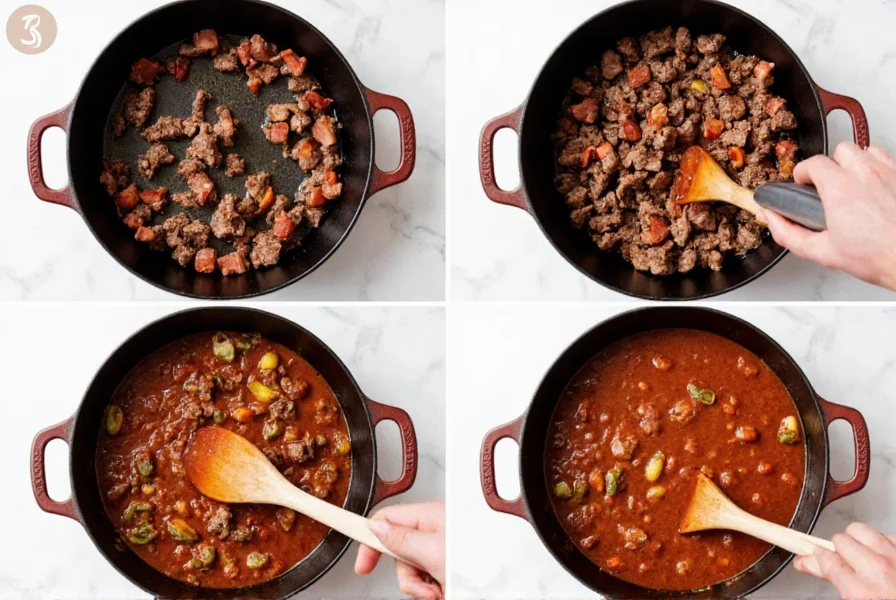 Step-by-step preparation of venison chili in cast iron pot showing browning venison with bacon and vegetables