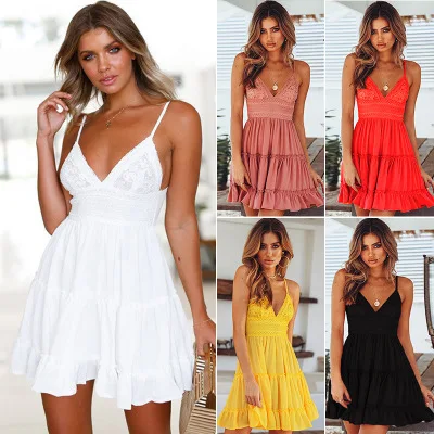 

2021 New Arrivals Hot Sale Sexy Lace Sling Spliced Pleated Women's Dresses