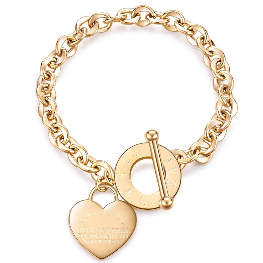 

Newest Arrival 316L Stainless Steel OT Buckle Link Chain Bracelet Holy Bible Heart Pendant Bracelet