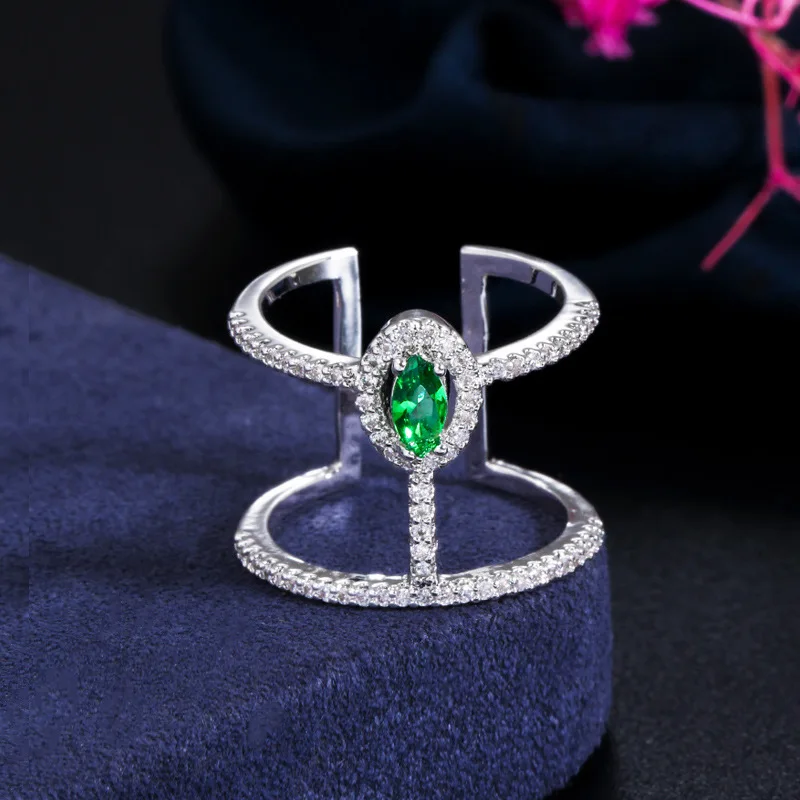 

Fashion Sparkling Double Color Cubic Zircon Open Geometric Rings Oval Shape Green Color Crystal Hollow Resizable Rings