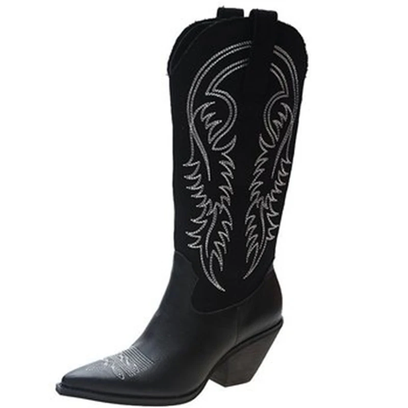 

Dropshipping Custom Logo Hot Sale Lady Fashion Boots Retro Style Pointed Toe Chunky Heel Knee High Boot