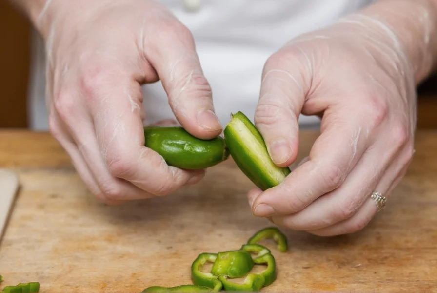 Chef's hands safely handling jalapeños with gloves while demonstrating seed removal technique