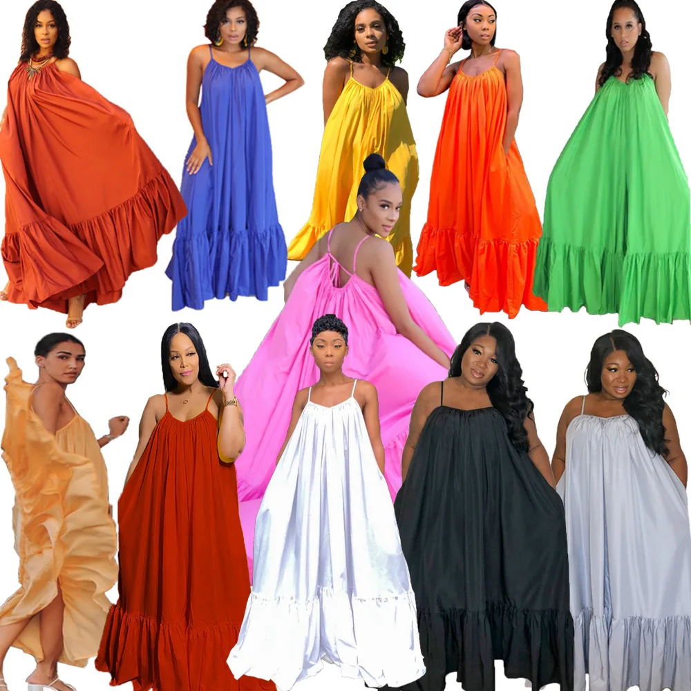 

plus size dress skirts 2021 summer 12 colors trendy women clothing spaghetti strap casual ladies maxi custom dresses, White, pink, yellow, orange, brown, blue