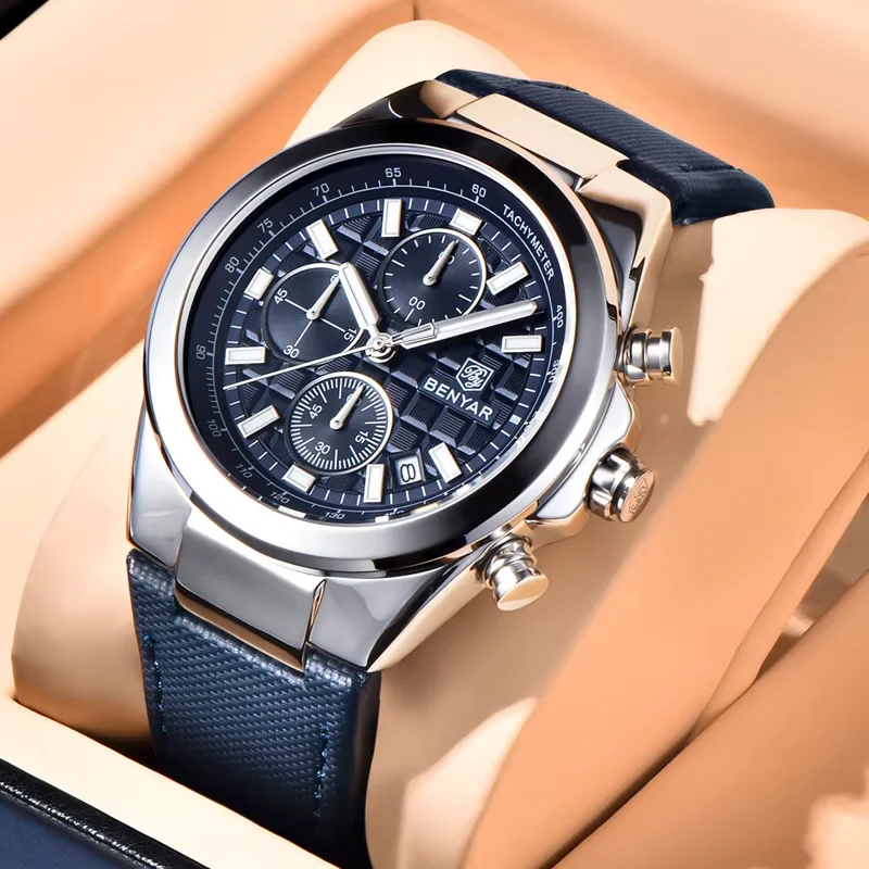 2024 New BENYAR Men's Watches 5206 Top Luxury Watch for Men Chronograph Quartz Wristwatch Clock Waterproof Leather Reloj Hombre