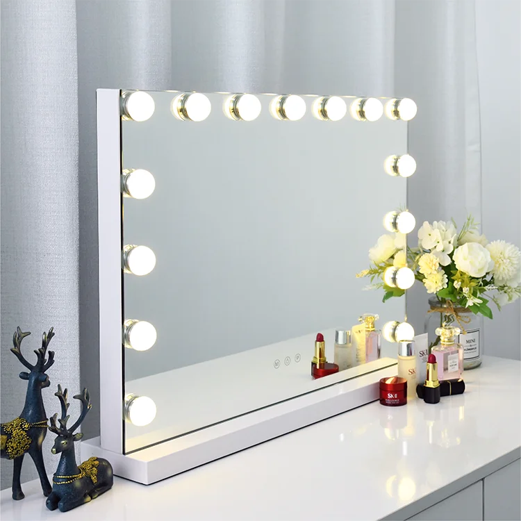 

Factory sales Hollywood Table Style Vanity Mirror Table with Touch Dimmer 15 Bulbs dressing table with lighted mirror makeup, White/black