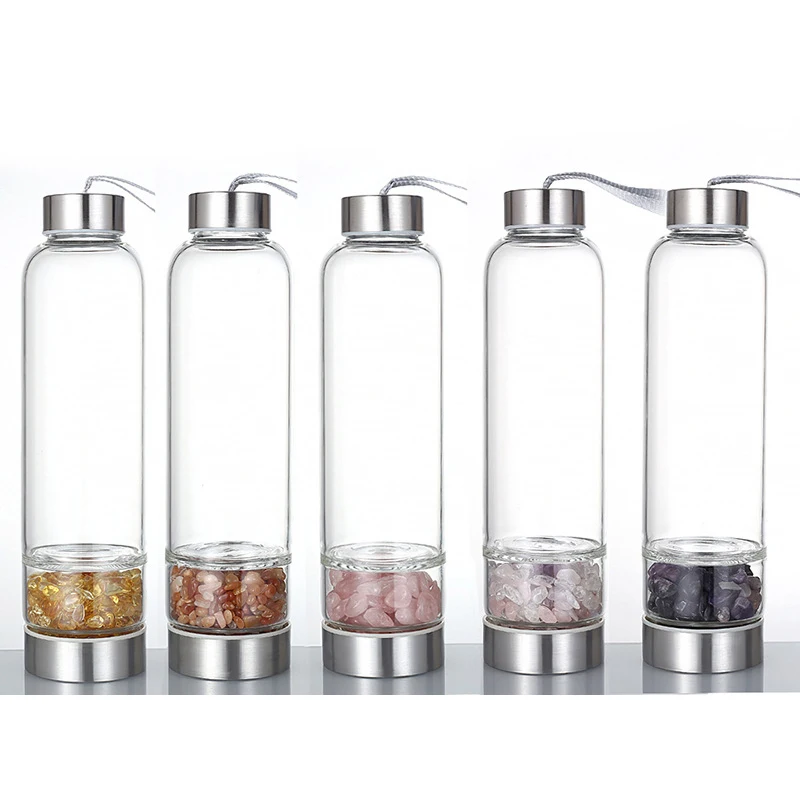 

Custom crushed stone crystal bottle energy stone glass water bottle with stainless steel lid, Green,pink,red,purple,brown