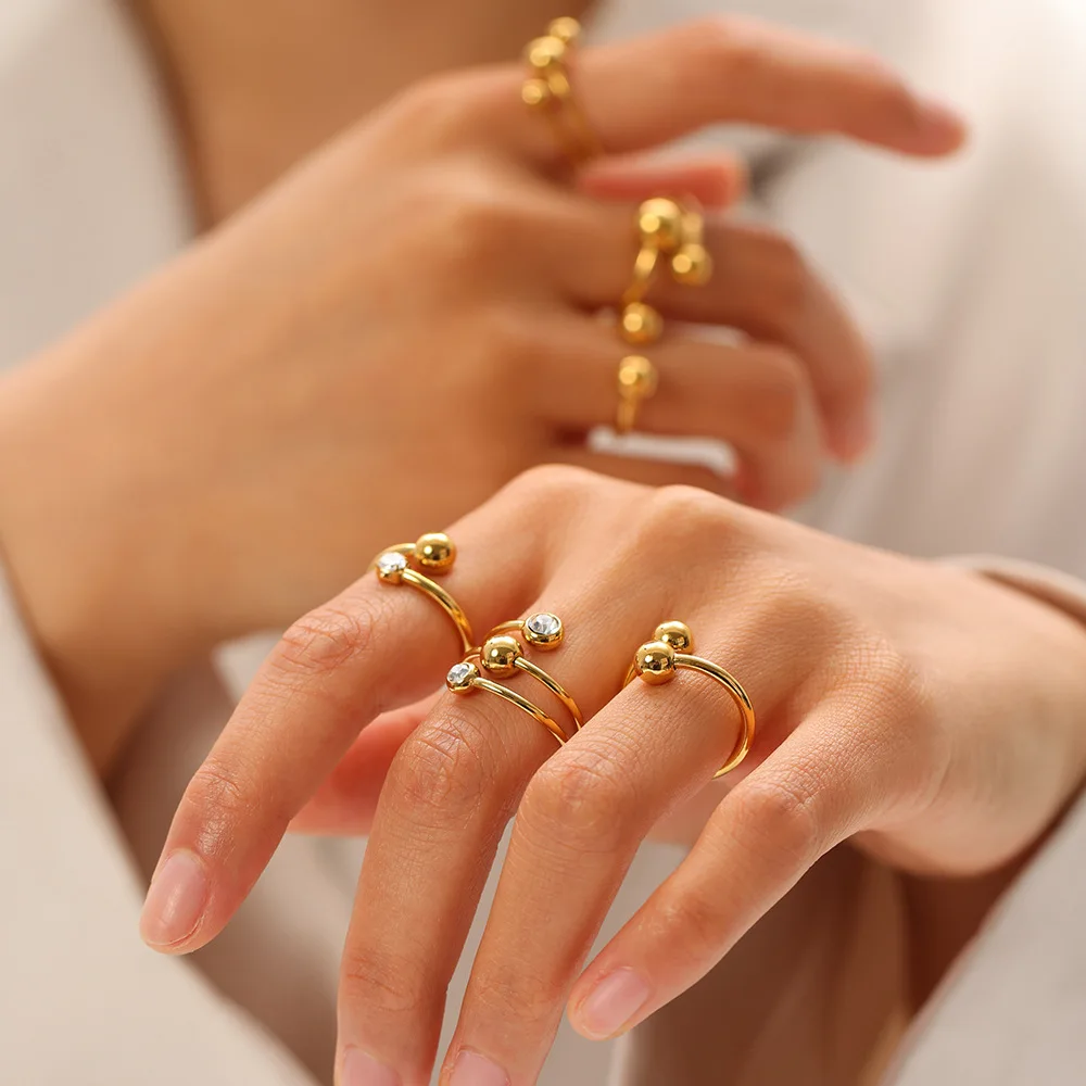 

Waterproof 18K Gold Plated Stainless Steel Jewelry Three Layer Ball Bead Zircon Ring For Women YF3517