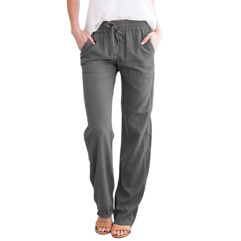 

2021 Solid Cotton And Linen Drawstring Loose Casual Wide-leg Women Trousers