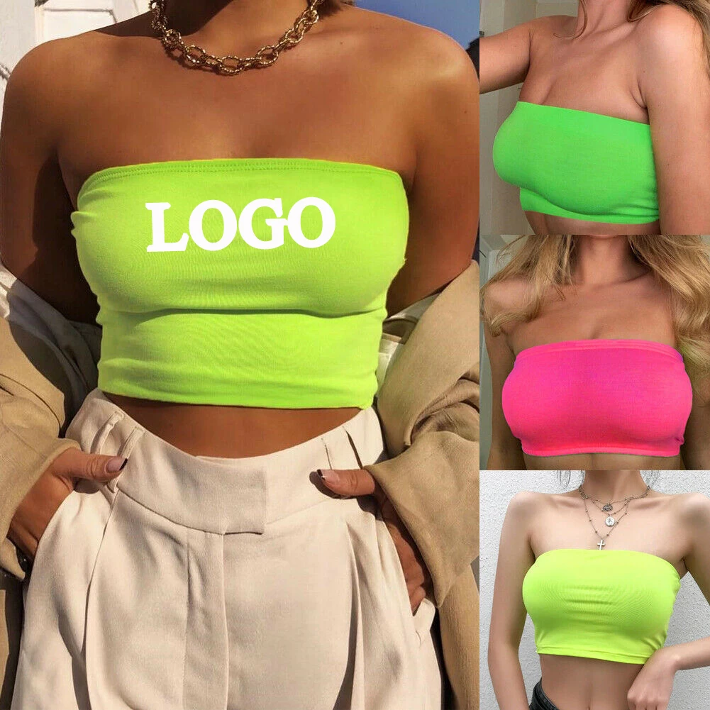 

Drop Shipping Sexy Women Chest Wrap Crop Top Neon Solid Color Strapless Tops Seamless Wireless Bandeau Bra Tube Top, Picture