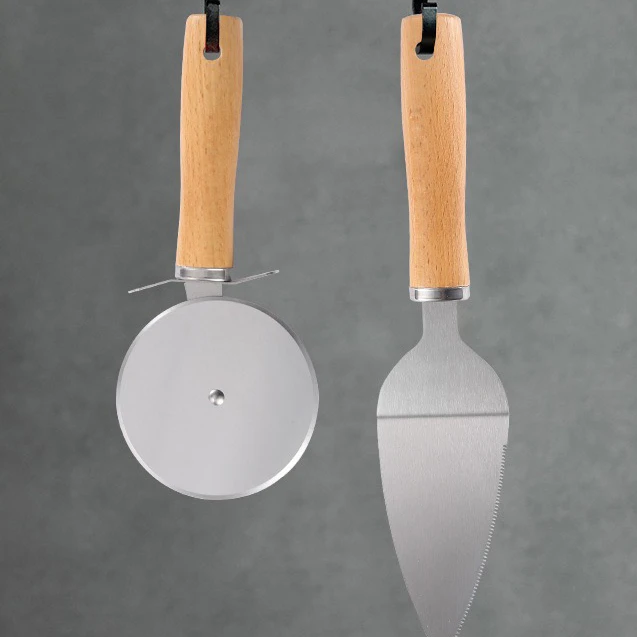 

Hot Sale Durable Double Pressed Stainless Steel Tools With Natural Wood Handles Pizza Cutter And Server Set, Stock color