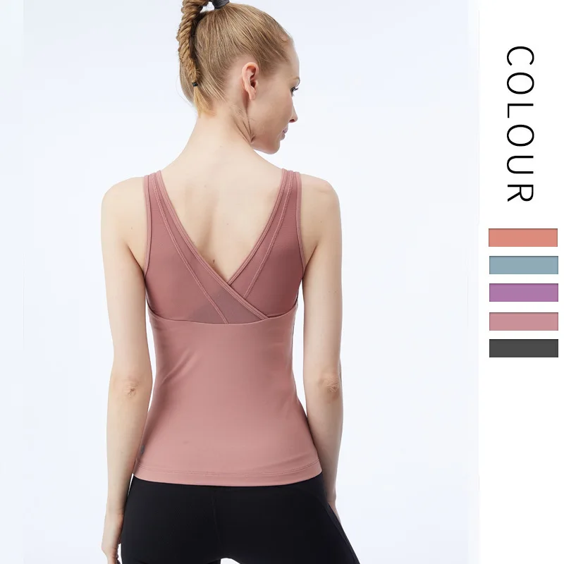 

2021 Female Fitness Push Up Padded Bra Top Nylon Back V Neck Mesh Patchwork Slim Yoga Shirts Gym Femme Workout Women Tank Top