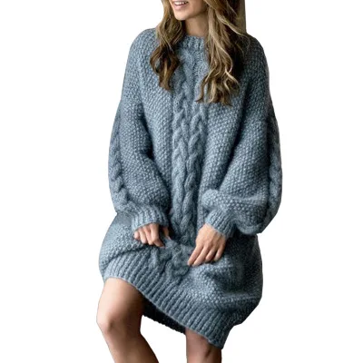 

Fashion Long Sleeve Chunky Sweater Knitted Dress Fall Thick Stitches Female Plus Size Sweater Pullovers Turtleneck Winter