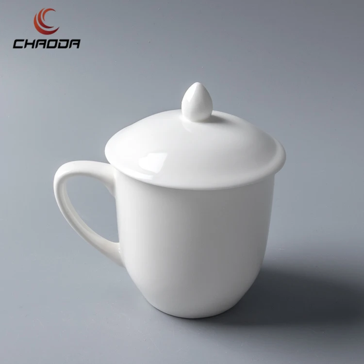 

CHAODA Wholesale white ceramic tea cup high quality durable ceramic mugs with lid glazed glossy ceramic cups for office hotel