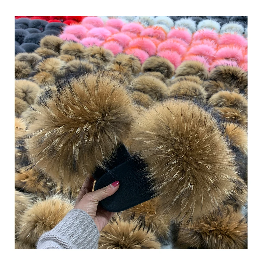 

Wholesale Raccon Fur Slippers Fluffy Fur Sandals Indoor Outdoor Brown Fur Slides, Customized color