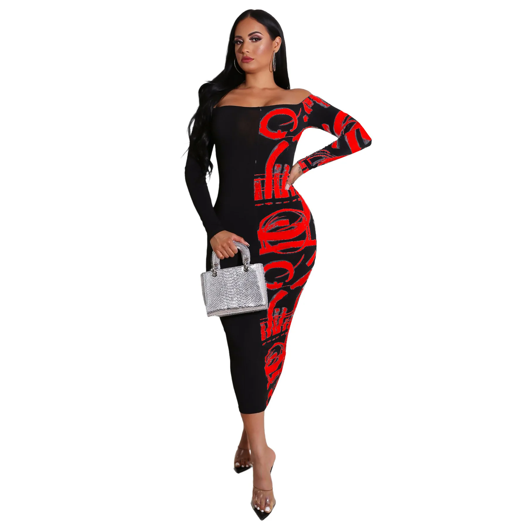 

2021Europe and America new style Sexy Splicing Print Plus Size long dress