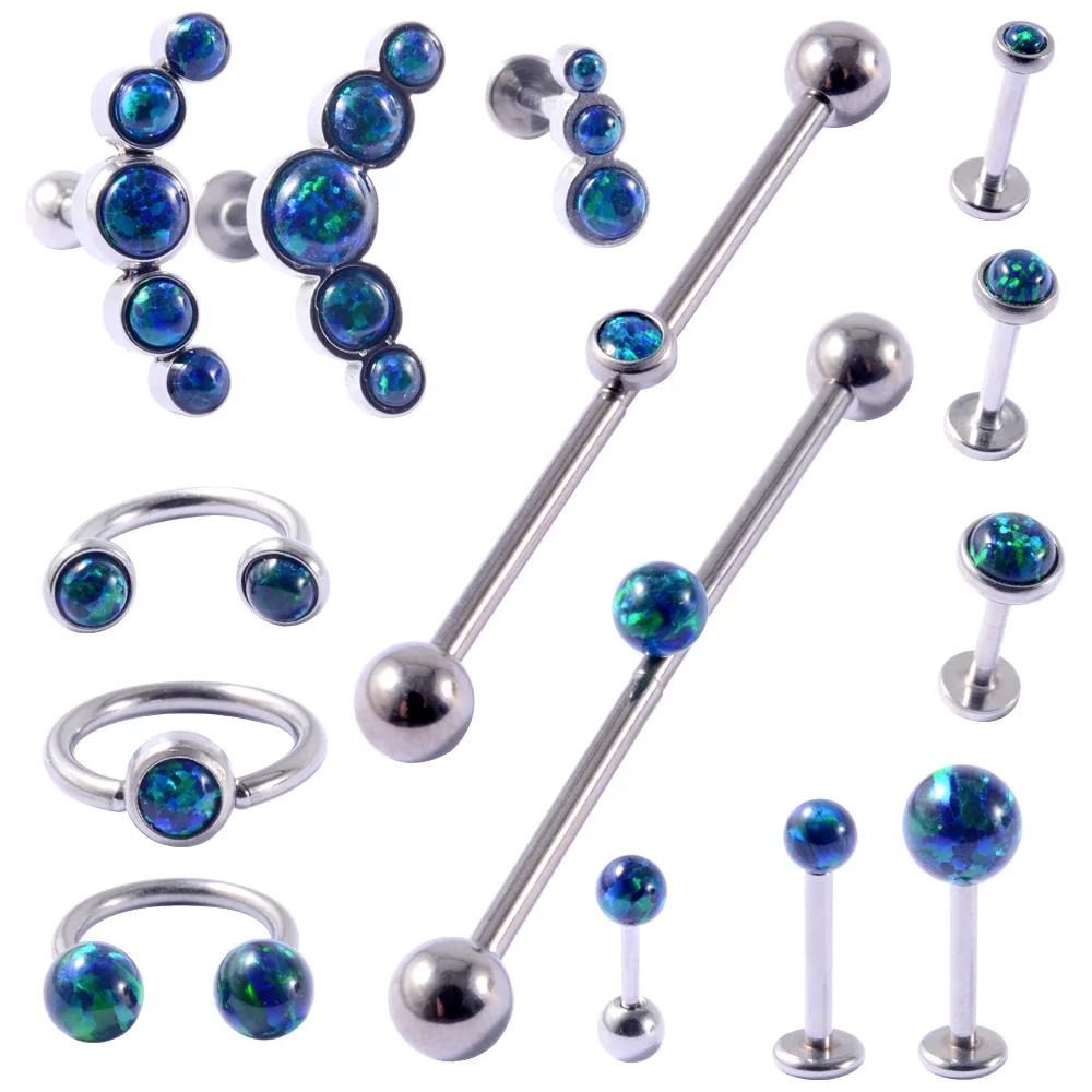 

NUORO 1PC Green Opal Cluster Tragus Helix Cartilage Piercing Surgical Steel Titanium Septum Nose Ring Opal Ear Piercing