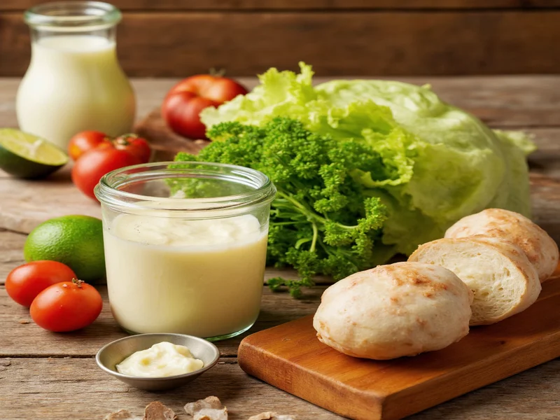Fresh ingredients for homemade mayonnaise on wooden table