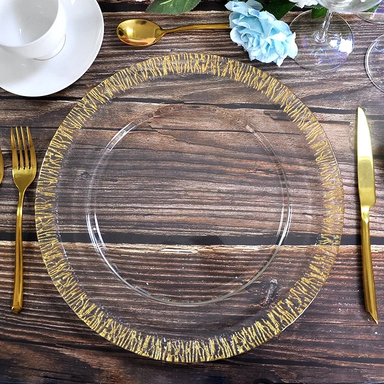 

Wholesale Italian glass wedding decorative plate 33cm clear gold crystal charger plate for Party