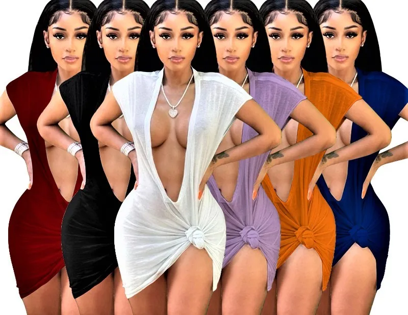 

E-K9876 Hot Sell 2021 Summer Deep V Women Clothing Dresses Solid Color Sexy Dress Women Short Sleeve Club Dresses, As pictures